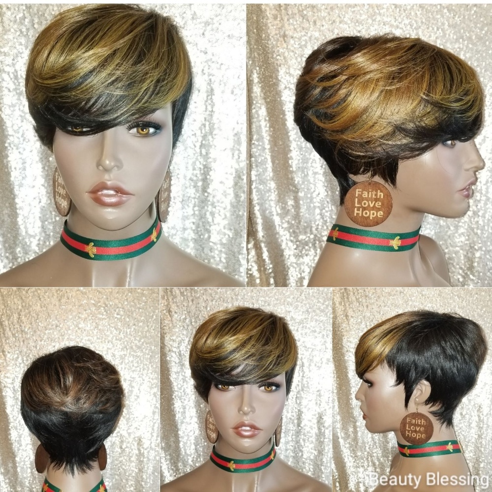Short Cut Feather Style Full Cap Wig Auburn Gold